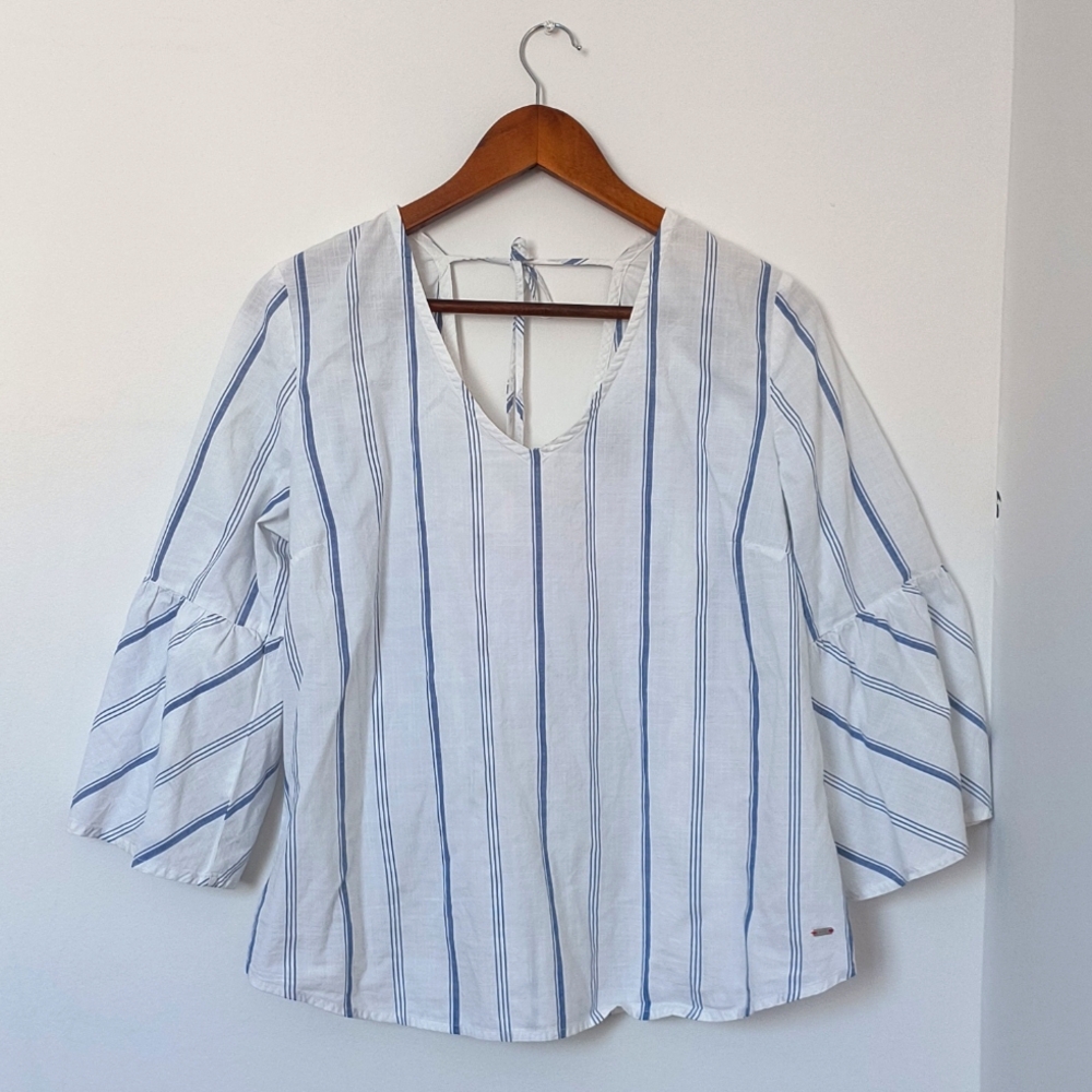 Tommy Hilfiger White and Blue Striped V‑Neck Bell Sleeve Blouse
